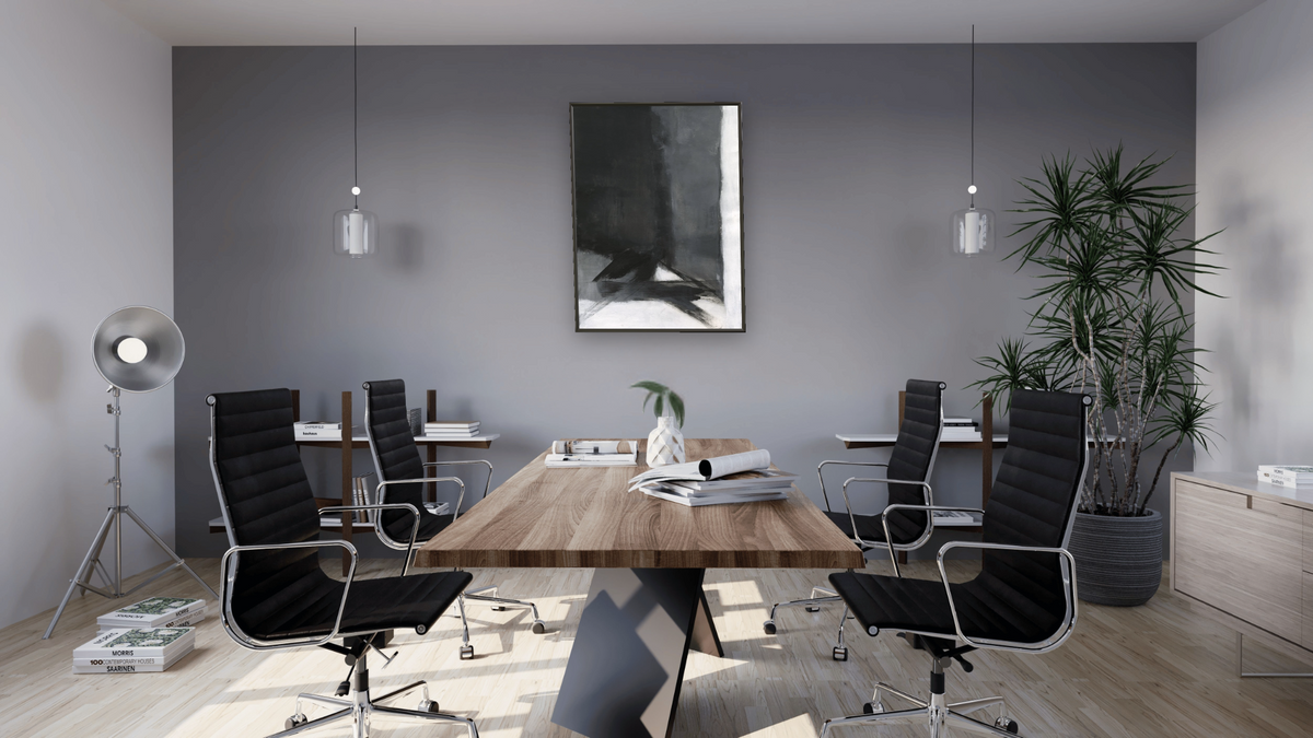 No. 369 by Michelle Oppenheimer, shown at 30 × 40 in (76.2 × 101.6 cm) on canvas in Ramino Satin Black, boardroom