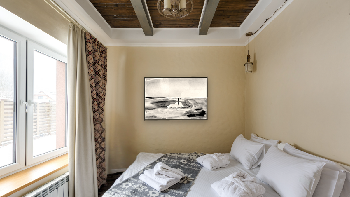 Beach Walk by Dan Hobday, shown at 28 × 42 in (71.1 × 106.7 cm) on canvas in Ramino Satin Black, hotel guest room