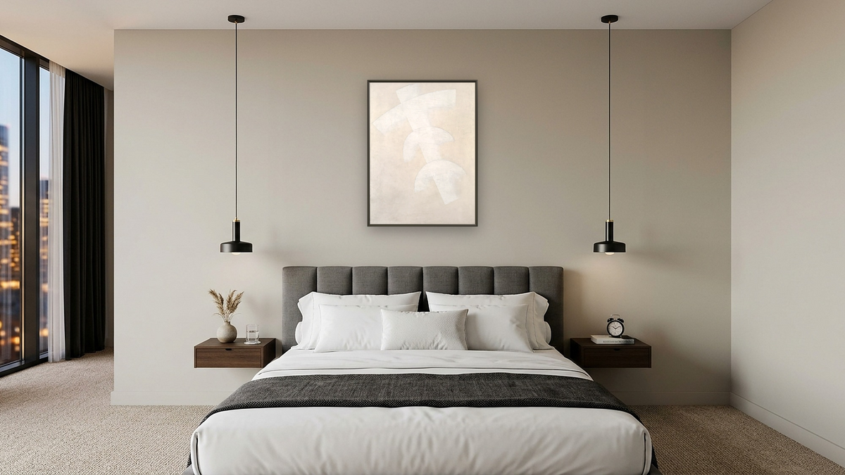 Construction in Dissolution (Three Arches on a Diagonal Element in White) by Kazimir Malevich, shown at 30 × 40 in (76.2 × 101.6 cm) on canvas in Ramino Satin Black, hotel guest room