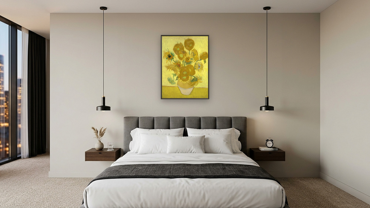 Sunflowers by Vincent van Gogh, shown at 30 × 40 in (76.2 × 101.6 cm) on canvas in Ramino Satin Black, hotel guest room