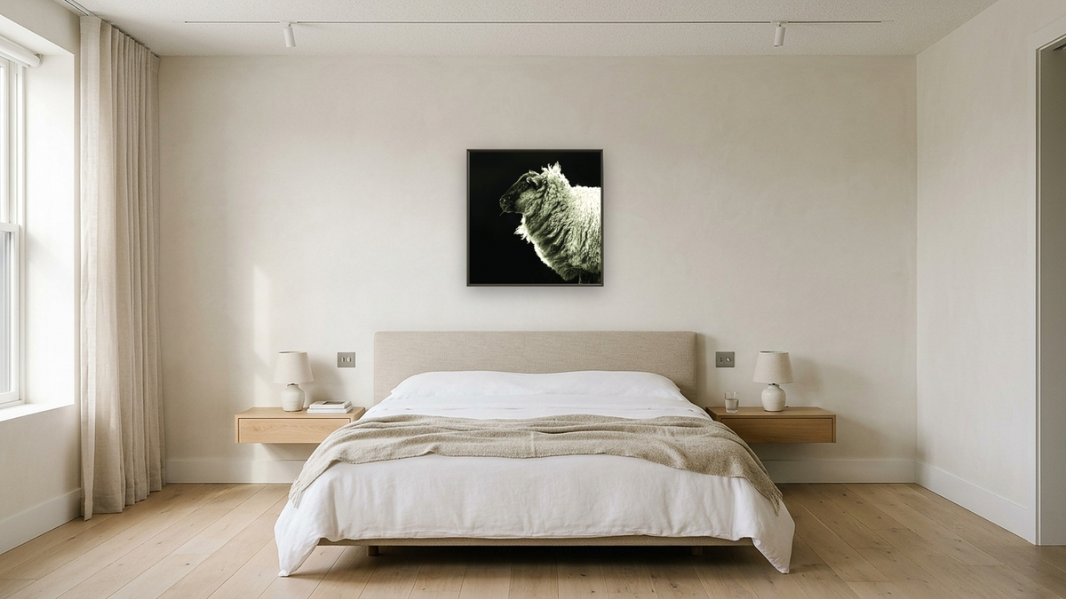 Delilah Crop by Brandon Luther, shown at 32 × 32 in (81.3 × 81.3 cm) on canvas in Ramino Satin Black, hotel guest room