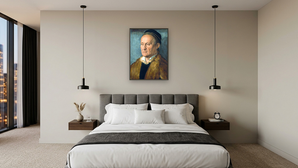 Portrait of Jakob Muffel by Albrecht Dürer, shown at 30 × 40 in (76.2 × 101.6 cm) on canvas in Ramino Satin Black, hotel guest room