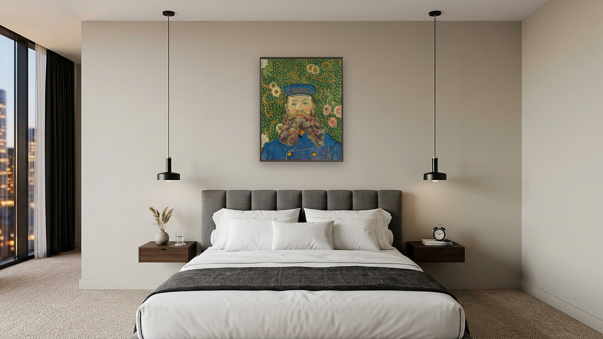 Portrait of Joseph Roulin by Vincent van Gogh, shown at 32 × 40 in (81.3 × 101.6 cm) on canvas in Ramino Satin Black, hotel guest room