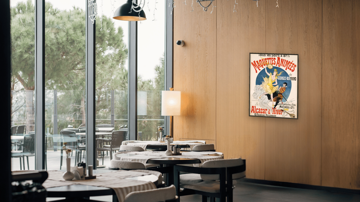 Maquettes Animees de Georges Bertrand Poster by Jules Chéret, shown at 30 × 40 in (76.2 × 101.6 cm) on canvas in Ramino Satin Black, restaurant