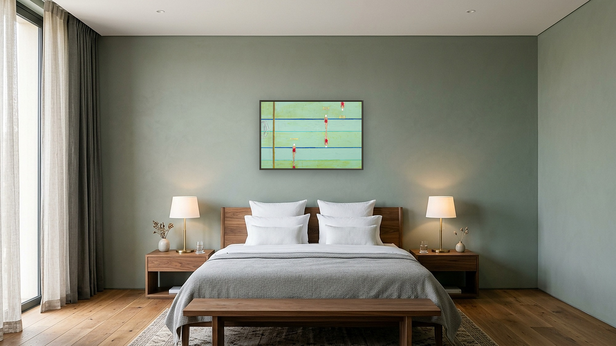 Reflecting Back by Dobee Snowber, shown at 28 × 42 in (71.1 × 106.7 cm) on canvas in Ramino Satin Black, hotel guest room