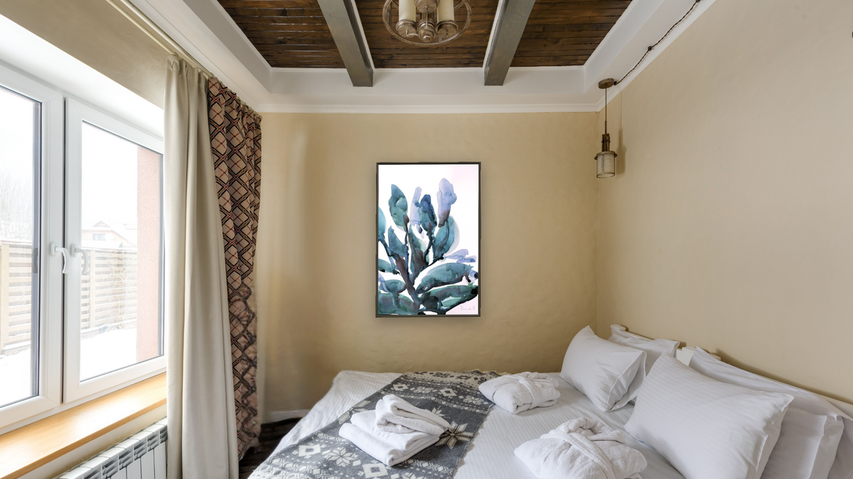 Blue Plant by Dan Hobday, shown at 28 × 42 in (71.1 × 106.7 cm) on canvas in Ramino Satin Black, hotel guest room