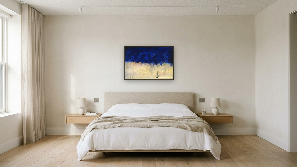 The Keys by Alexis Rockman, shown at 28 × 42 in (71.1 × 106.7 cm) on canvas in Ramino Satin Black, hotel guest room