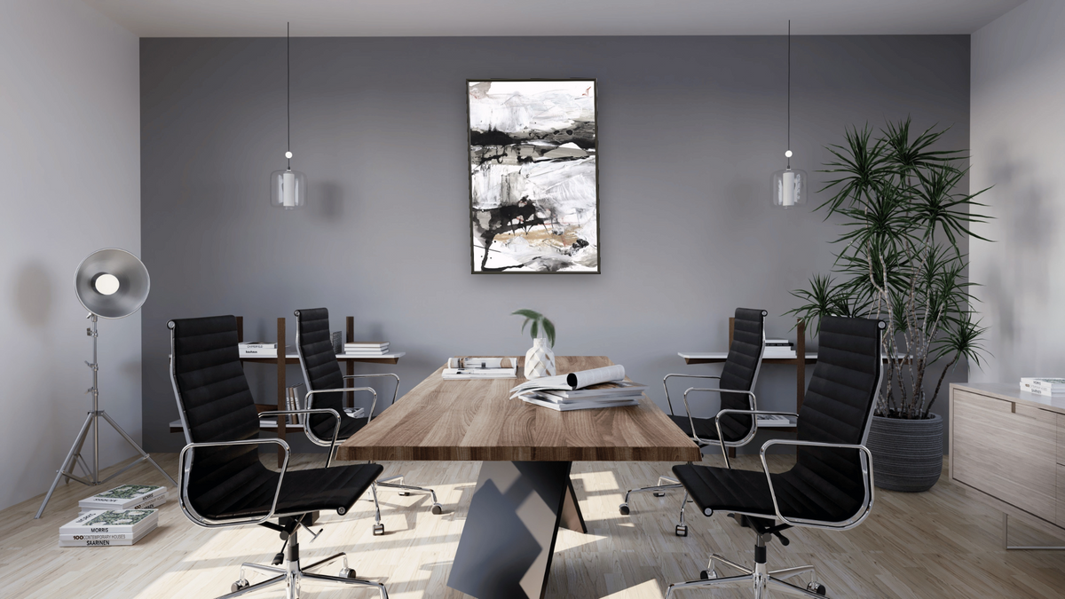Crush 2 by Dan Hobday, shown at 28 × 42 in (71.1 × 106.7 cm) on canvas in Ramino Satin Black, boardroom