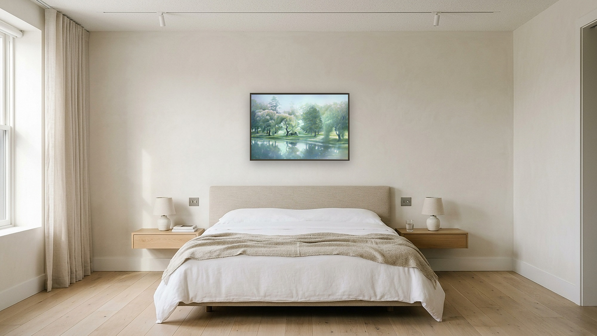 Central Park by Kirsten Söderlind, shown at 28 × 42 in (71.1 × 106.7 cm) on canvas in Ramino Satin Black, hotel guest room