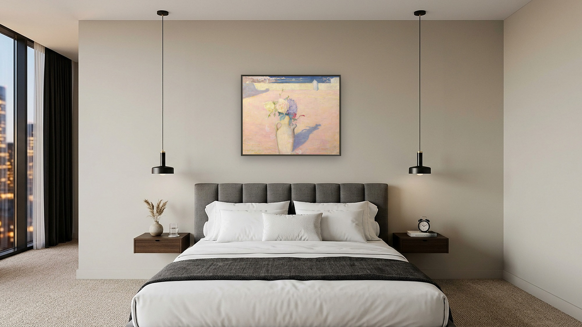 The hot sands, Mustapha, Algiers by Charles Conder, shown at 32 × 40 in (81.3 × 101.6 cm) on canvas in Ramino Satin Black, hotel guest room