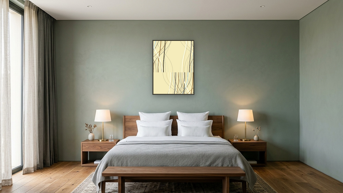 fracture 5, shown at 30 × 40 in (76.2 × 101.6 cm) on canvas in Ramino Satin Black, hotel guest room
