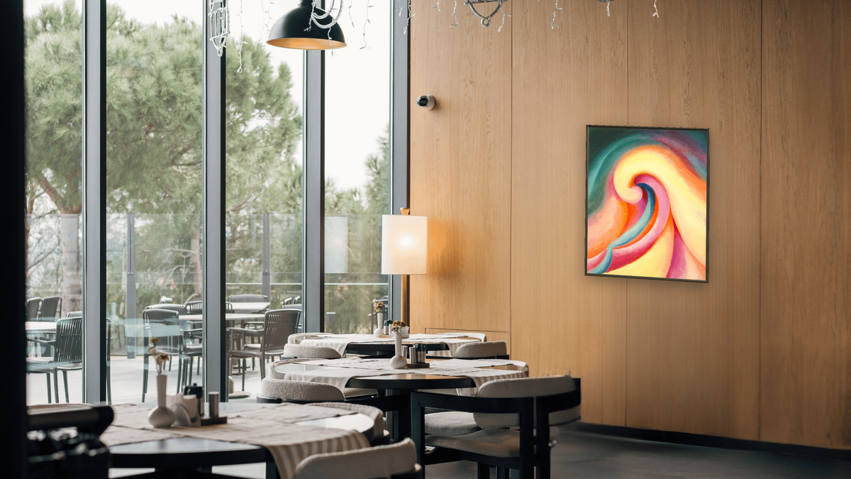 Series I—No. 3 by Georgia O'Keeffe, shown at 32 × 40 in (81.3 × 101.6 cm) on canvas in Ramino Satin Black, restaurant