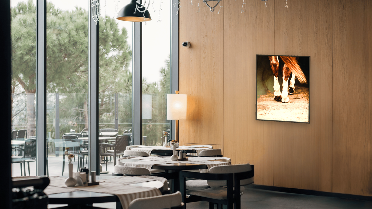 happy trails by Brandon Luther, shown at 32 × 40 in (81.3 × 101.6 cm) on canvas in Ramino Satin Black, restaurant