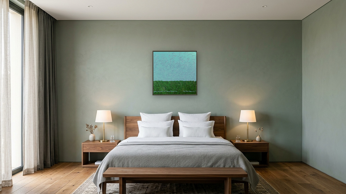 Release by Judith Rayl, shown at 32 × 32 in (81.3 × 81.3 cm) on canvas in Ramino Satin Black, hotel guest room