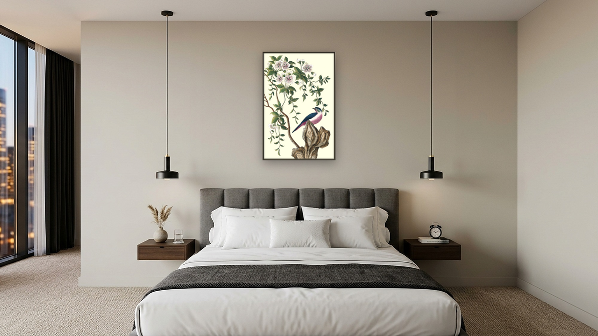 Purple bellied blue winged bird with purple flowering vine by Pierre Joseph Buchoz, shown at 28 × 42 in (71.1 × 106.7 cm) on canvas in Ramino Satin Black, hotel guest room
