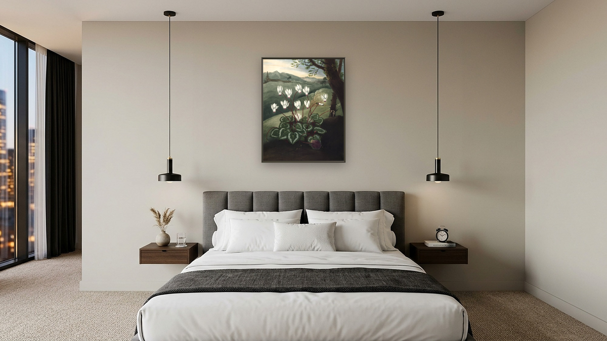 The Persian Cyclamen by Robert John Thornton, shown at 32 × 40 in (81.3 × 101.6 cm) on canvas in Ramino Satin Black, hotel guest room