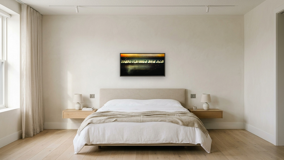 Migrate by Brandon Luther, shown at 20 × 40 in (50.8 × 101.6 cm) on canvas in Ramino Satin Black, hotel guest room