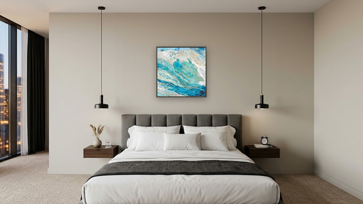 Ocean Wave 2 by Marcie Ojeda, shown at 32 × 32 in (81.3 × 81.3 cm) on canvas in Ramino Satin Black, hotel guest room