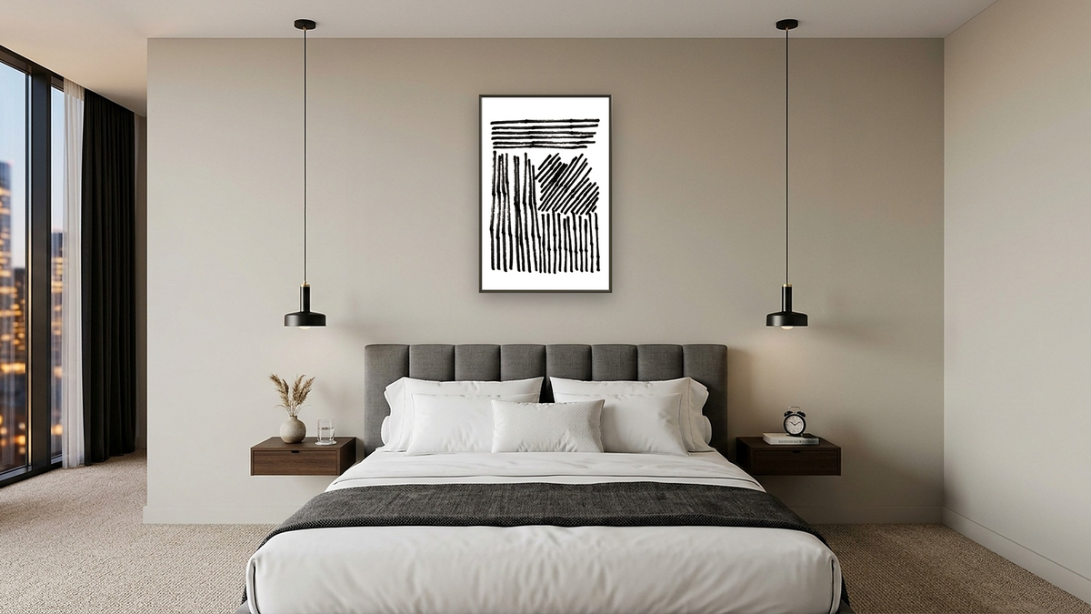 Blank 1 by Dan Hobday, shown at 28 × 42 in (71.1 × 106.7 cm) on canvas in Ramino Satin Black, hotel guest room