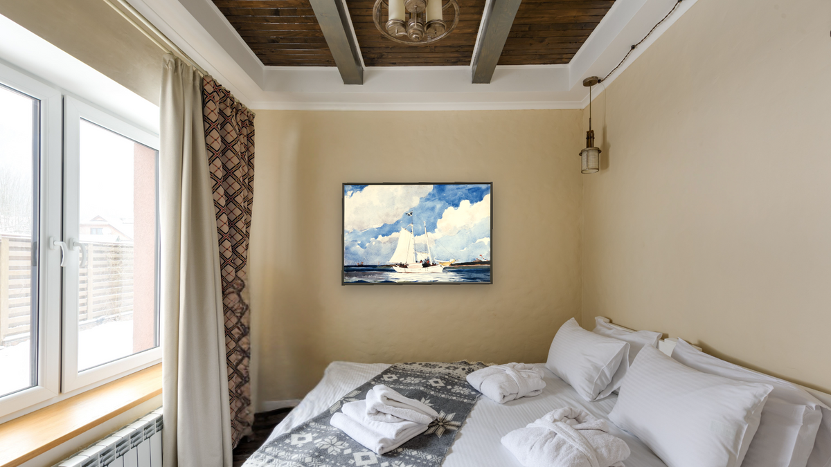 Fishing Schooner, Nassau by Winslow Homer, shown at 28 × 42 in (71.1 × 106.7 cm) on canvas in Ramino Satin Black, hotel guest room