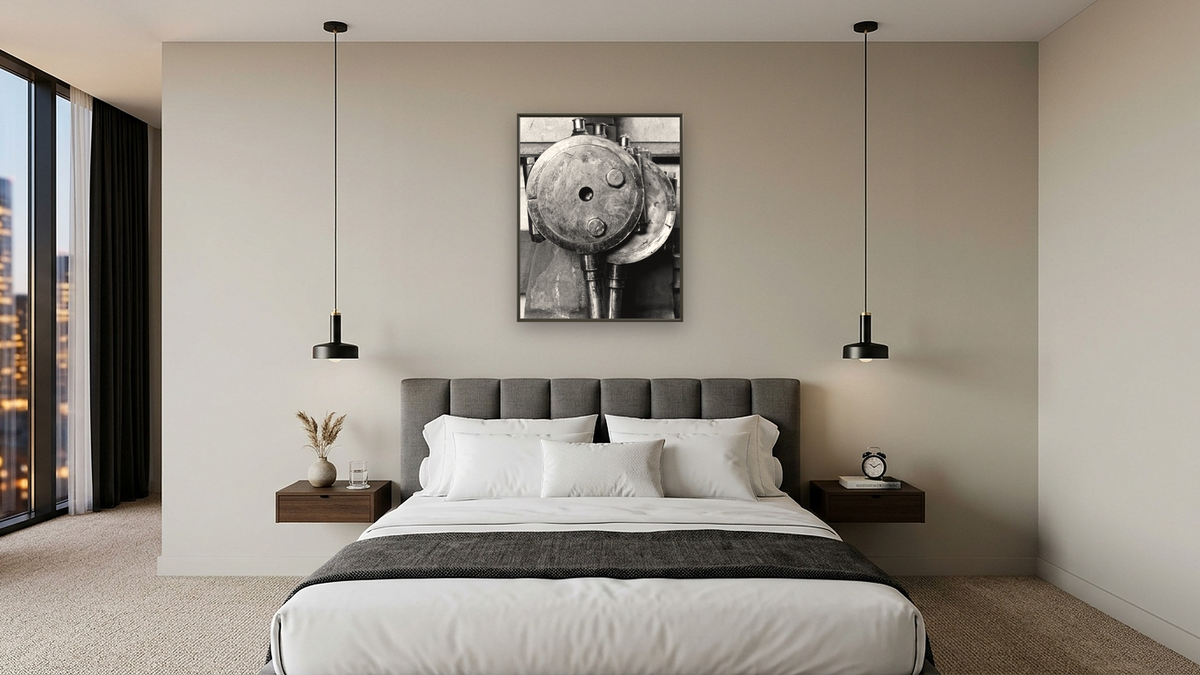 Two Eccentrics by Gordon Osmundson, shown at 32 × 40 in (81.3 × 101.6 cm) on canvas in Ramino Satin Black, hotel guest room