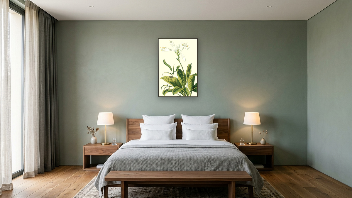 Tuberose by Pierre Joseph Buchoz, shown at 28 × 42 in (71.1 × 106.7 cm) on canvas in Ramino Satin Black, hotel guest room