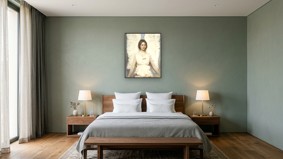 Angel by Abbott Handerson Thayer, shown at 32 × 40 in (81.3 × 101.6 cm) on canvas in Ramino Satin Black, hotel guest room