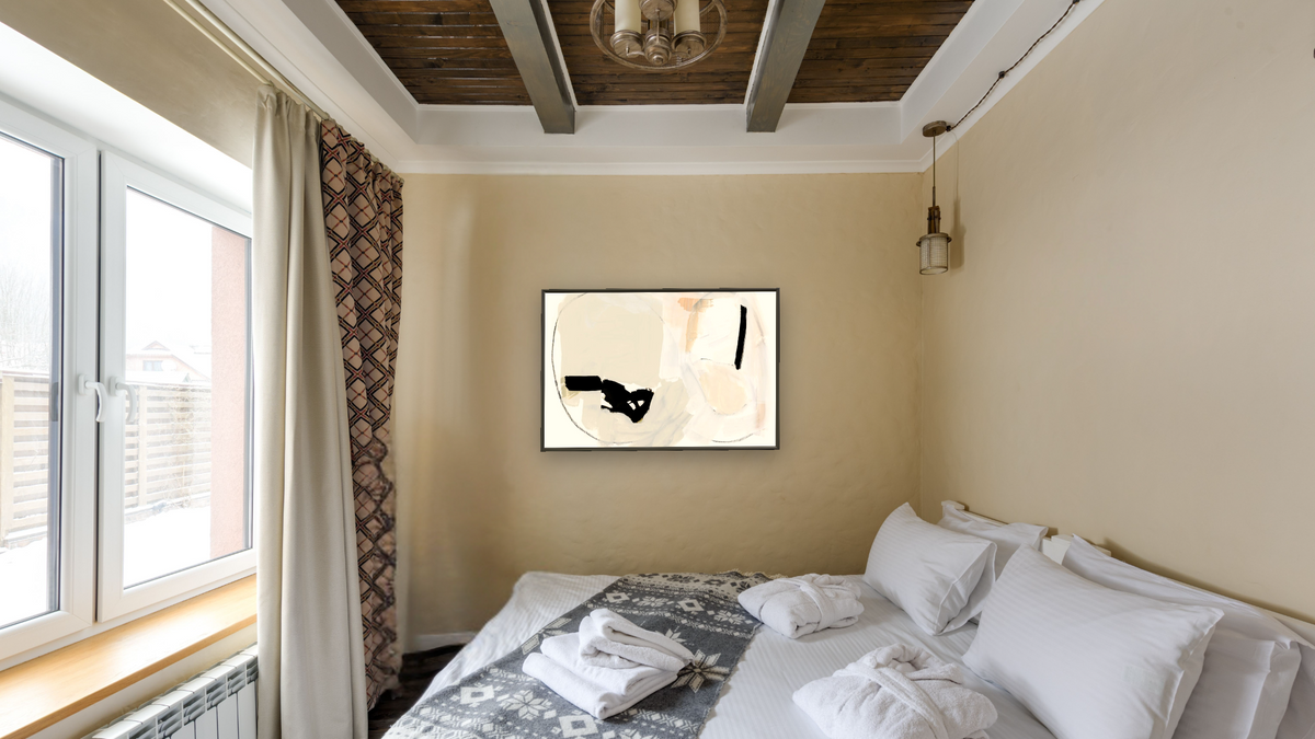 Apart by Dan Hobday, shown at 28 × 42 in (71.1 × 106.7 cm) on canvas in Ramino Satin Black, hotel guest room