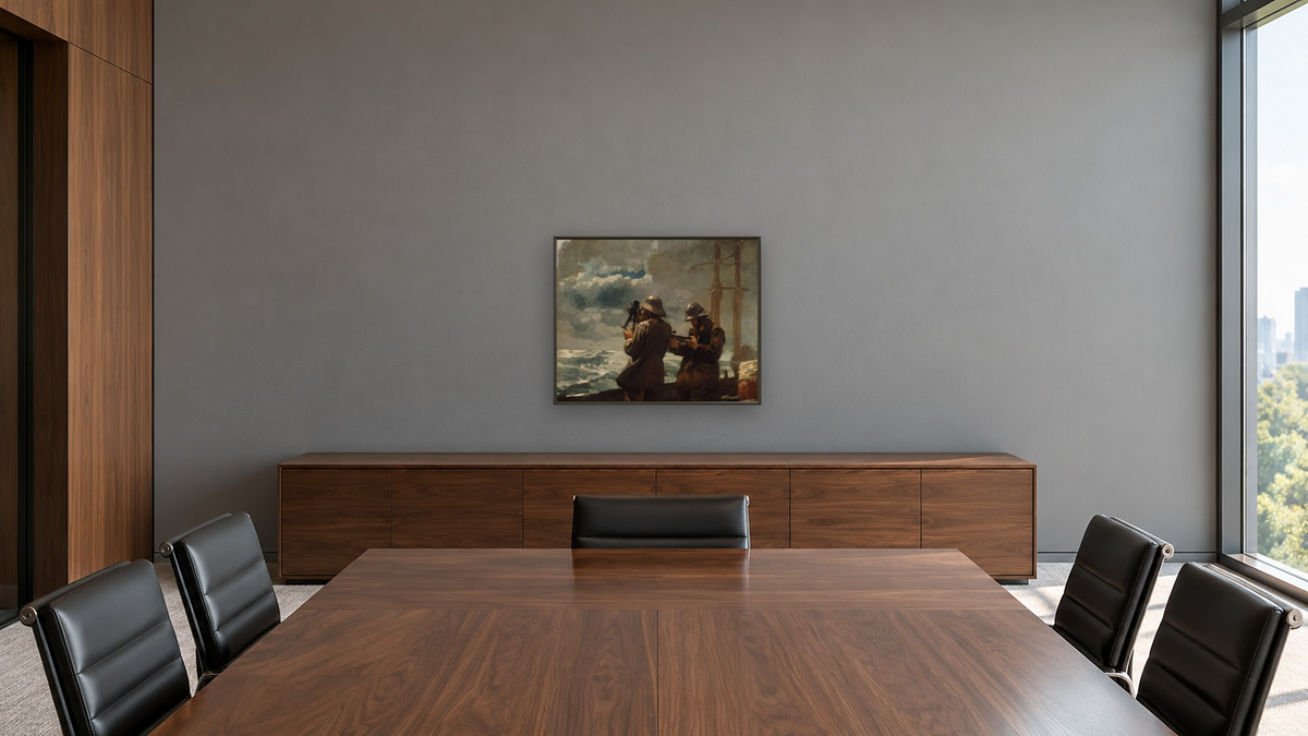 Eight Bells by Winslow Homer, shown at 32 × 40 in (81.3 × 101.6 cm) on canvas in Ramino Satin Black, boardroom