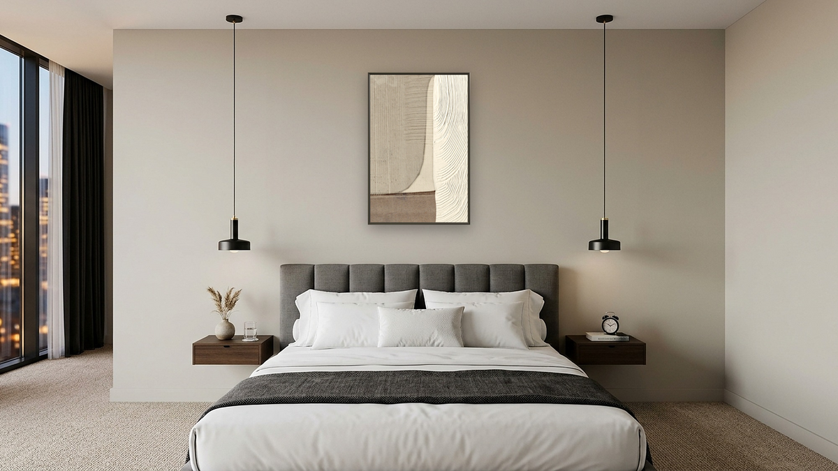 Abstracted 2 by Dan Hobday, shown at 28 × 42 in (71.1 × 106.7 cm) on canvas in Ramino Satin Black, hotel guest room