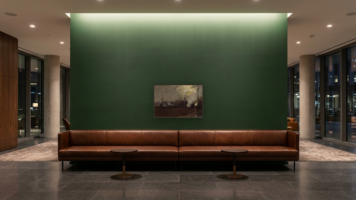 Evening train to Hawthorn by Tom Roberts, shown at 28 × 42 in (71.1 × 106.7 cm) on canvas in Ramino Satin Black, hotel lobby