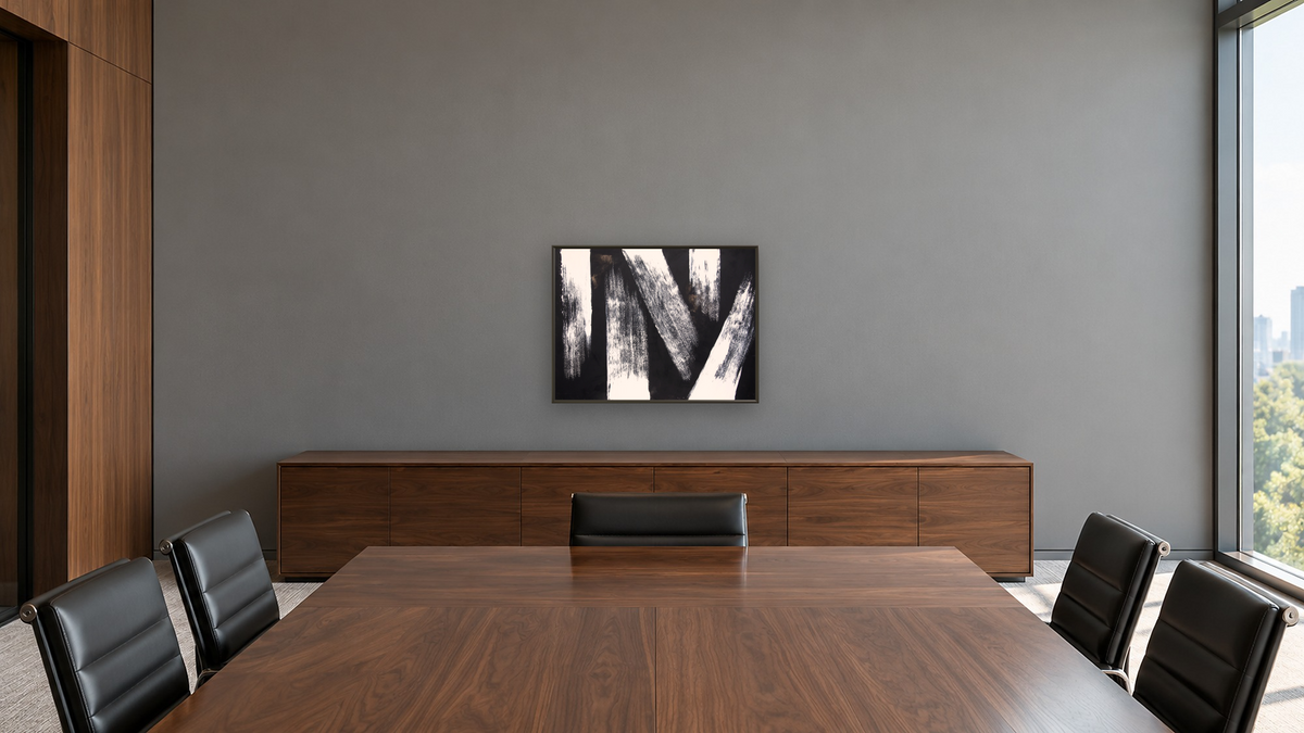 Black and White 6 by Tayt Modern, shown at 30 × 40 in (76.2 × 101.6 cm) on canvas in Ramino Satin Black, boardroom