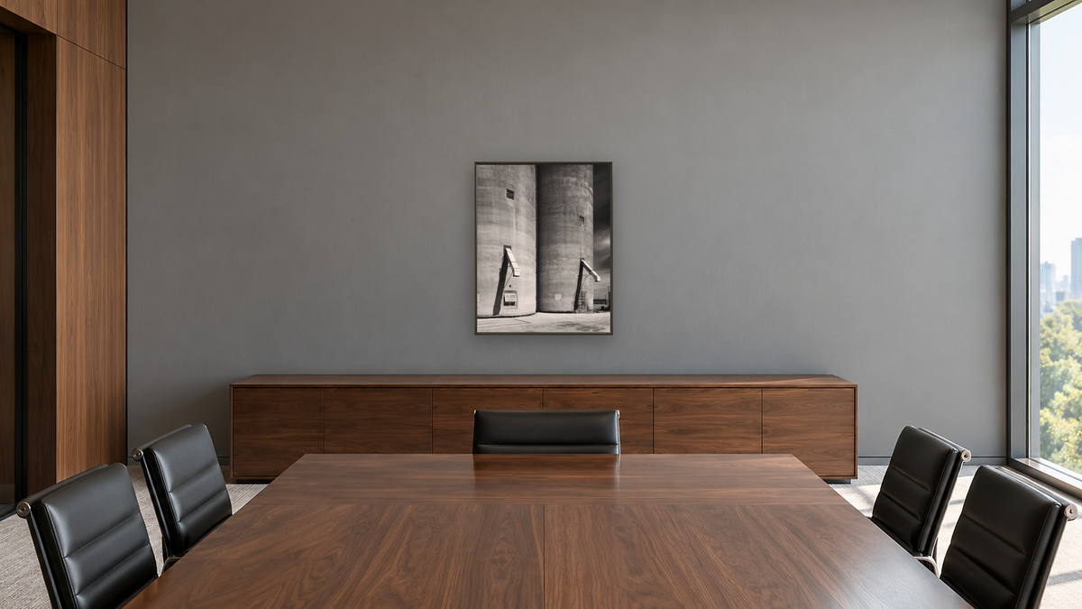 Depue Warehouse #4 by Gordon Osmundson, shown at 32 × 40 in (81.3 × 101.6 cm) on canvas in Ramino Satin Black, boardroom