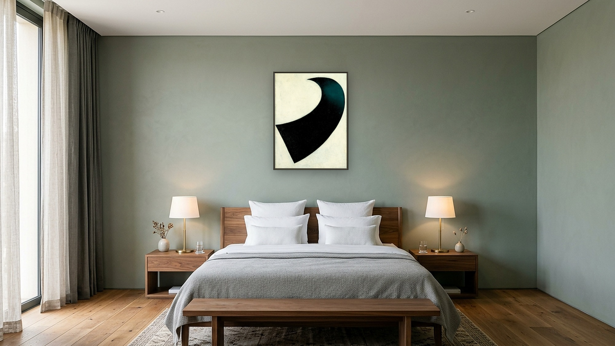 Suprematism by Kazimir Malevich, shown at 30 × 40 in (76.2 × 101.6 cm) on canvas in Ramino Satin Black, hotel guest room