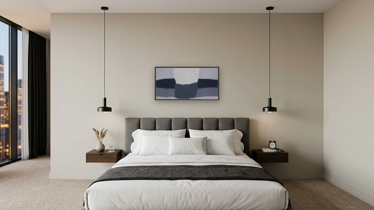 Japanese Landscape by Felrath Hines, shown at 20 × 40 in (50.8 × 101.6 cm) on canvas in Ramino Satin Black, hotel guest room