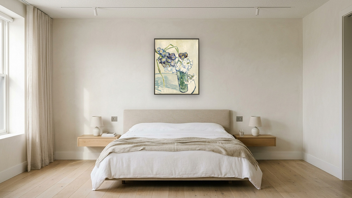 Still Life, Vase of Carnations by Vincent van Gogh, shown at 32 × 40 in (81.3 × 101.6 cm) on canvas in Ramino Satin Black, hotel guest room