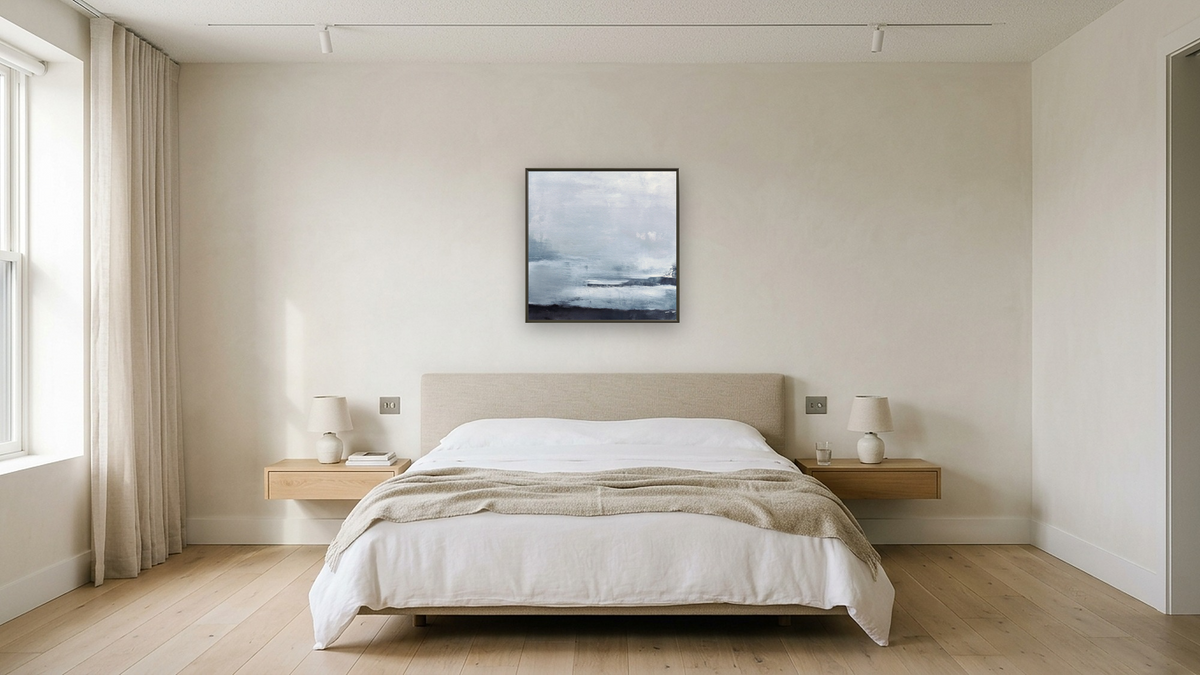 No. 381 by Michelle Oppenheimer, shown at 32 × 32 in (81.3 × 81.3 cm) on canvas in Ramino Satin Black, hotel guest room