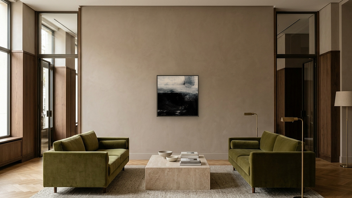 On The Low 1 by Dan Hobday, shown at 32 × 32 in (81.3 × 81.3 cm) on canvas in Ramino Satin Black, hotel lobby