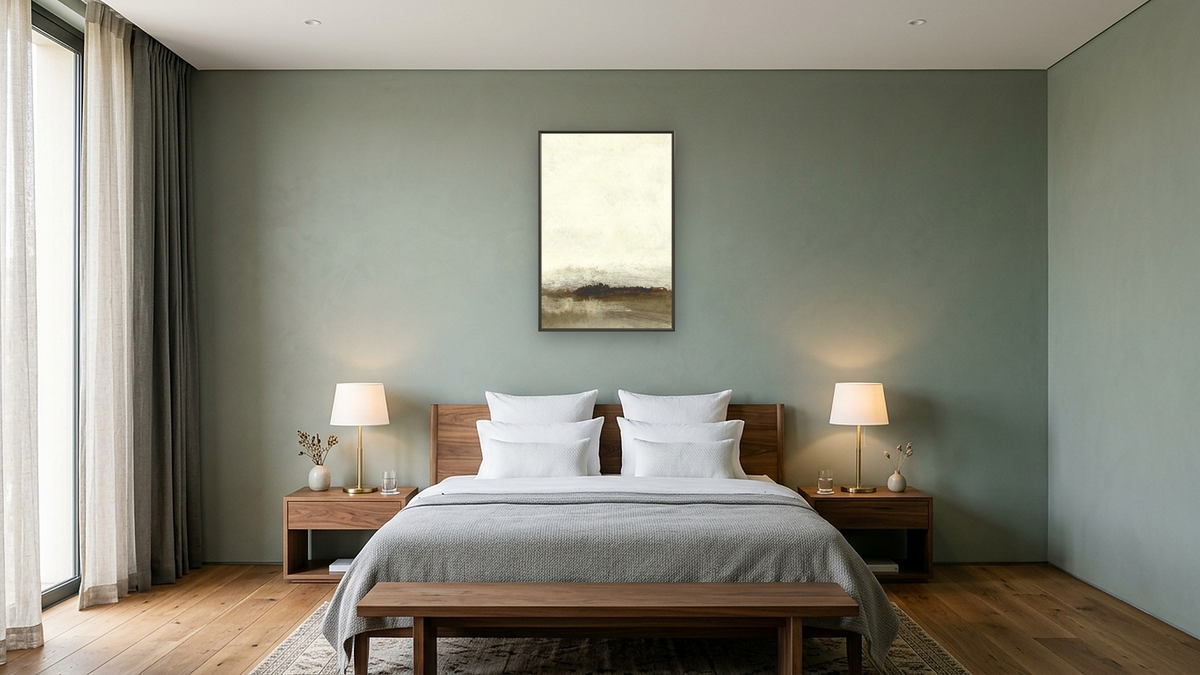 Away From Hear 2 by Dan Hobday, shown at 28 × 42 in (71.1 × 106.7 cm) on canvas in Ramino Satin Black, hotel guest room