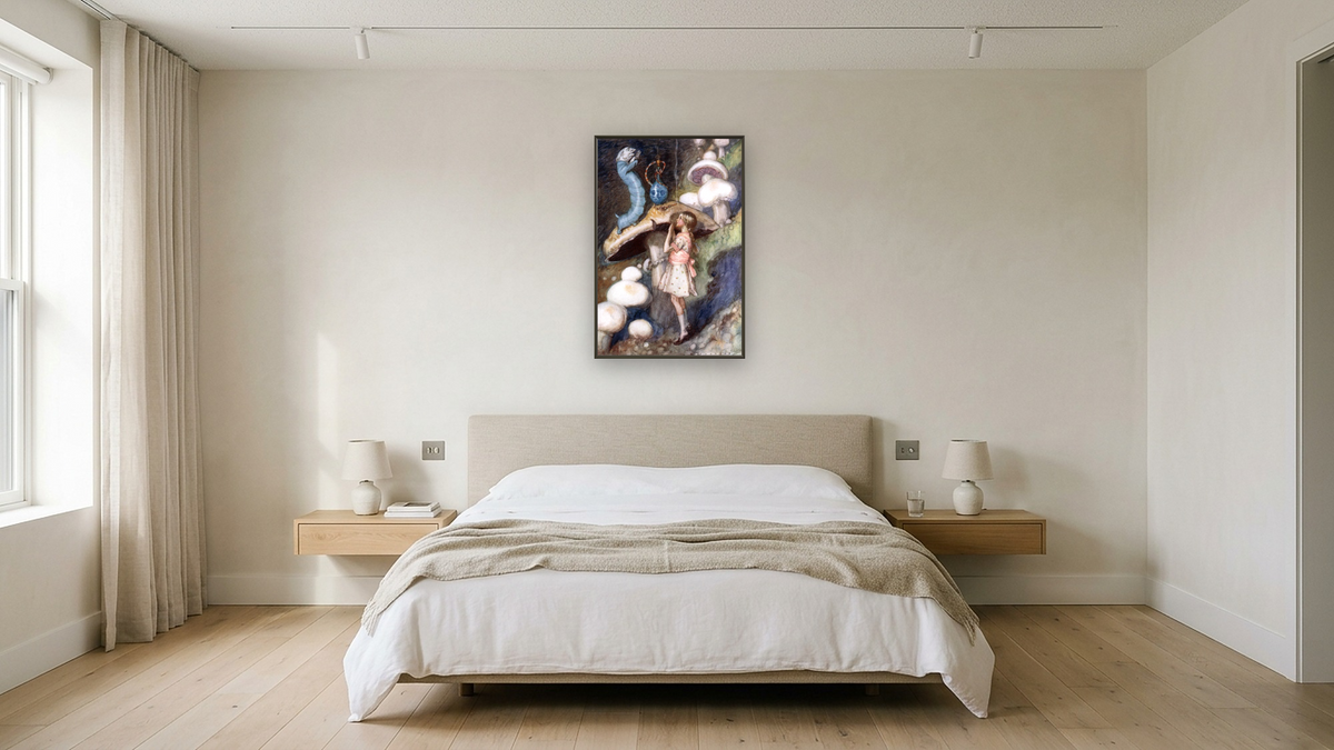 Alice in Wonderland: Alice talking to the Caterpillar by Albert Edward Jackson, shown at 28 × 42 in (71.1 × 106.7 cm) on canvas in Ramino Satin Black, hotel guest room