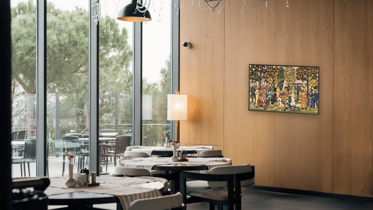 Autumn Festival by Maurice Brazil Prendergast, shown at 28 × 42 in (71.1 × 106.7 cm) on canvas in Ramino Satin Black, restaurant