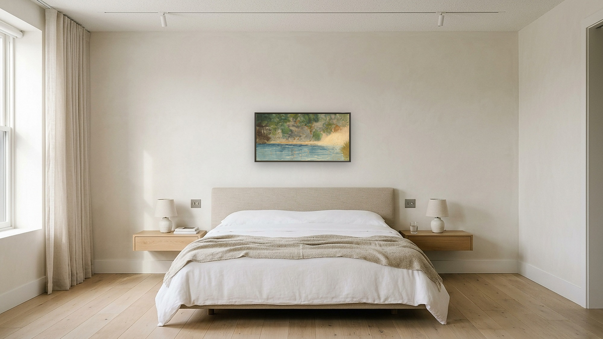 Blue Spring, Florida by Winslow Homer, shown at 20 × 40 in (50.8 × 101.6 cm) on canvas in Ramino Satin Black, hotel guest room