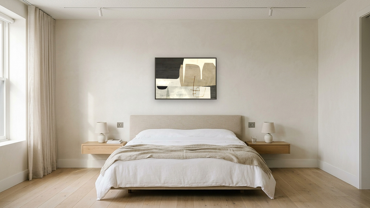 Change by Dan Hobday, shown at 28 × 42 in (71.1 × 106.7 cm) on canvas in Ramino Satin Black, hotel guest room