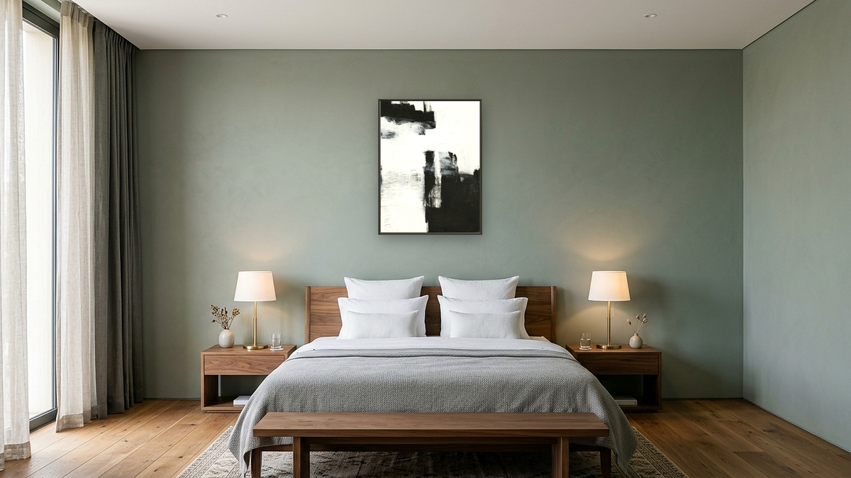 No. 368 by Michelle Oppenheimer, shown at 30 × 40 in (76.2 × 101.6 cm) on canvas in Ramino Satin Black, hotel guest room