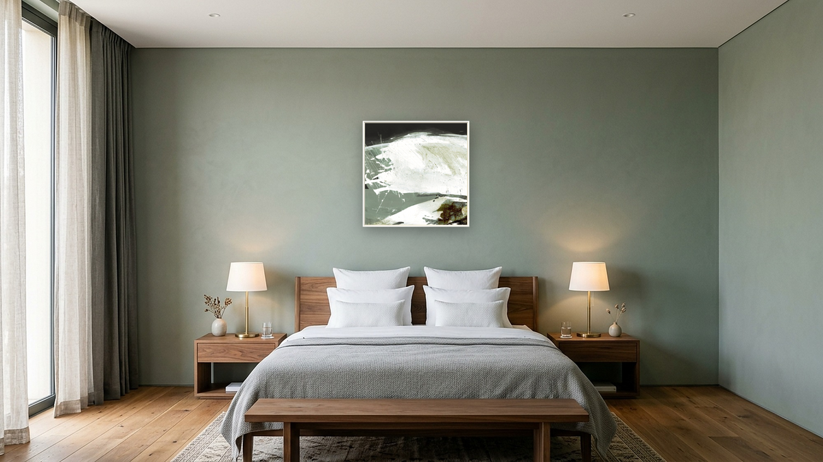 Rested SQ by Dan Hobday, shown at 32 × 32 in (81.3 × 81.3 cm) on canvas in Ramino Satin Black, hotel guest room