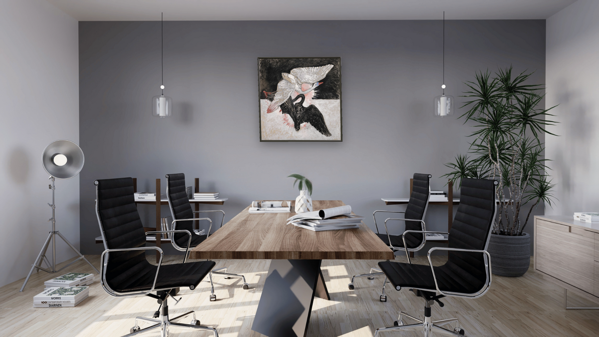 Group IX/SUW, The Swan, Part 1, No. 2, No. 2 by Hilma af Klint, shown at 32 × 32 in (81.3 × 81.3 cm) on canvas in Ramino Satin Black, boardroom
