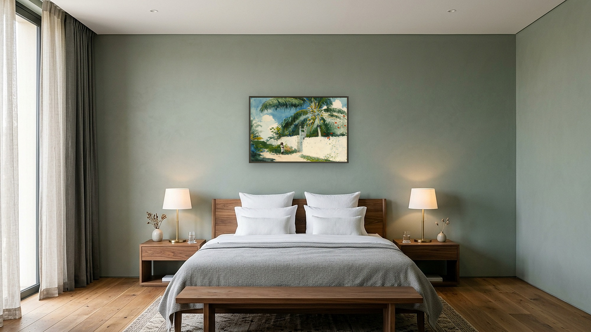 A Garden in Nassau by Winslow Homer, shown at 28 × 42 in (71.1 × 106.7 cm) on canvas in Ramino Satin Black, hotel guest room