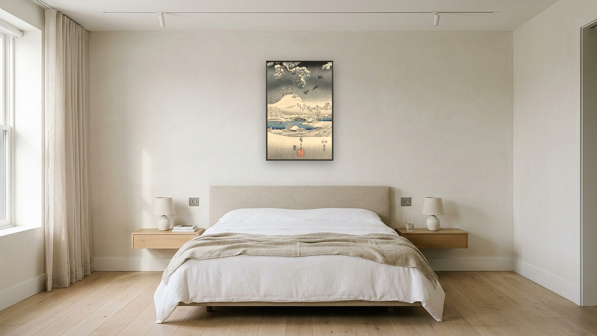 A modern version of the Tale of Genji in snow scenes, shown at 28 × 42 in (71.1 × 106.7 cm) on canvas in Ramino Satin Black, hotel guest room