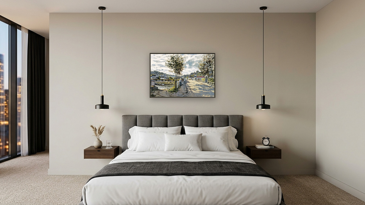 The Seine at Bougival by Claude Monet, shown at 28 × 42 in (71.1 × 106.7 cm) on canvas in Ramino Satin Black, hotel guest room