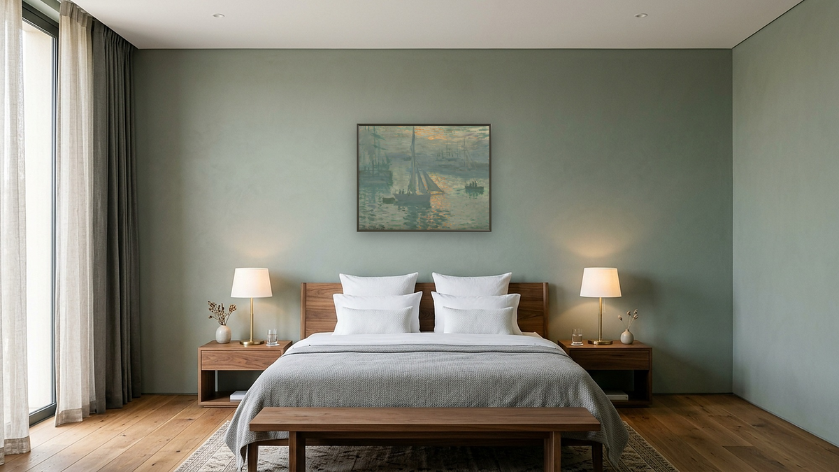 Sunrise (Marine) by Claude Monet, shown at 32 × 40 in (81.3 × 101.6 cm) on canvas in Ramino Satin Black, hotel guest room